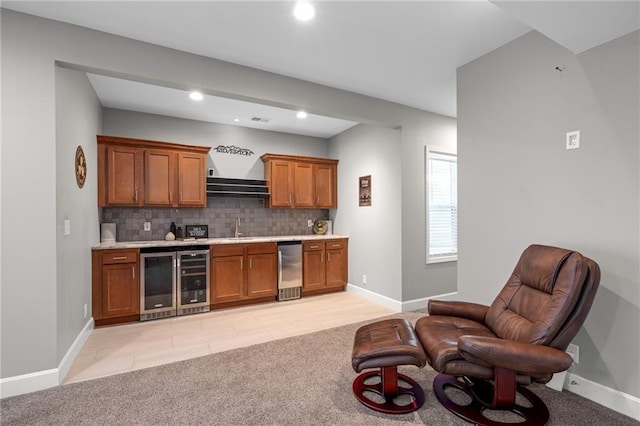 21502 W 98th Ter, Lenexa, KS 66220 - bar with beverage cooler, tasteful backsplash, recessed lighting, light carpet, and light tile patterned floors