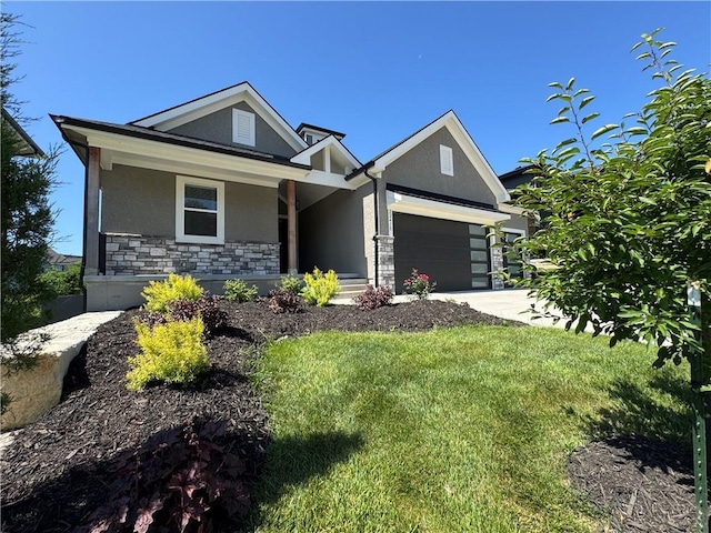 22415 87th Ter, Lenexa, KS 66227 - view of front of house featuring stucco siding, stone siding, a garage, a front yard, and concrete driveway