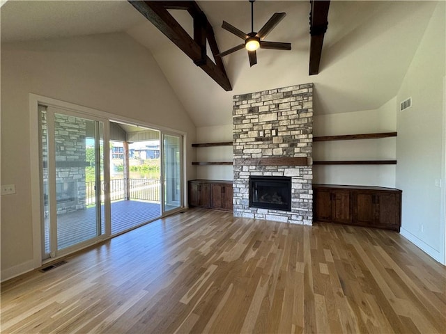 22415 87th Ter, Lenexa, KS 66227 - unfurnished living room featuring high vaulted ceiling, wood finished floors, ceiling fan, and a fireplace