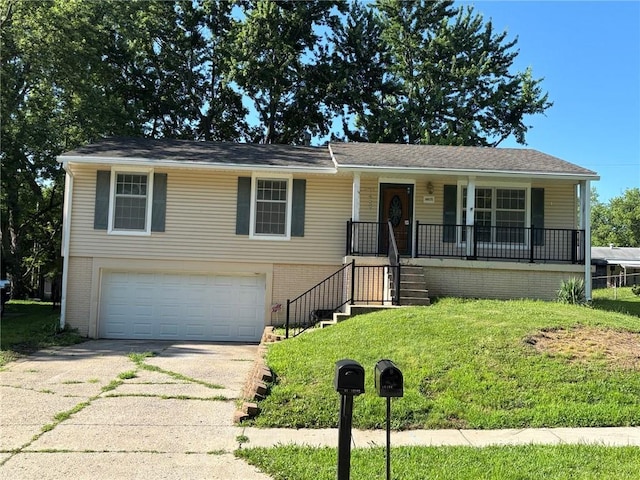 18105 E 18th Ter N, Independence, MO 64058 - ranch-style house featuring an attached garage, concrete driveway, stairs, a porch, and brick siding