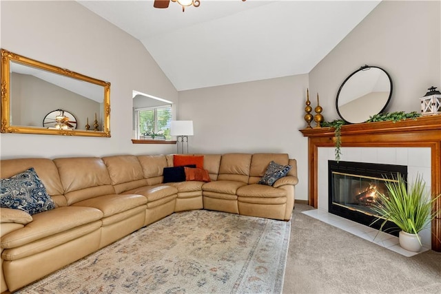 17014 E 45th St S, Independence, MO 64055 - living room with carpet flooring, lofted ceiling, a tile fireplace, and a ceiling fan