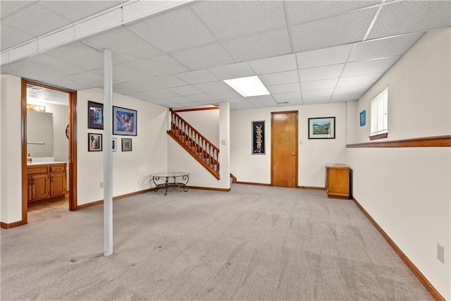 17014 E 45th St S, Independence, MO 64055 - below grade area featuring carpet, a drop ceiling, and stairs
