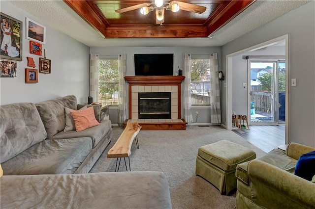2013 NE Summerfield Ct, Blue Springs, MO 64029 - living room featuring a tray ceiling, a ceiling fan, and plenty of natural light