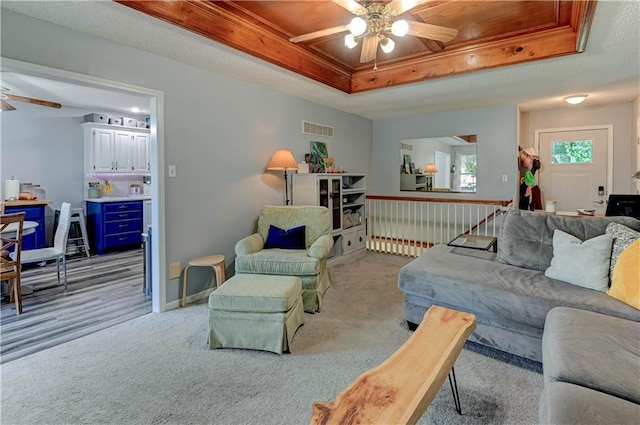 2013 NE Summerfield Ct, Blue Springs, MO 64029 - carpeted living area with a ceiling fan and a raised ceiling