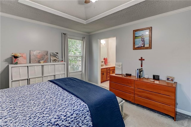 2013 NE Summerfield Ct, Blue Springs, MO 64029 - bedroom with light colored carpet, crown molding, ensuite bath, a textured ceiling, and a ceiling fan