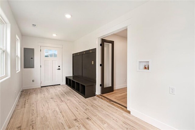51 SE 208th St, Holt, MO 64048 - mudroom with electric panel, light wood-type flooring, and recessed lighting