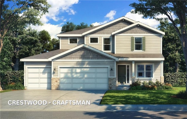 13305 W 179th St, Overland Park, KS 66013 - craftsman-style house with a garage, driveway, a front lawn, and stone siding