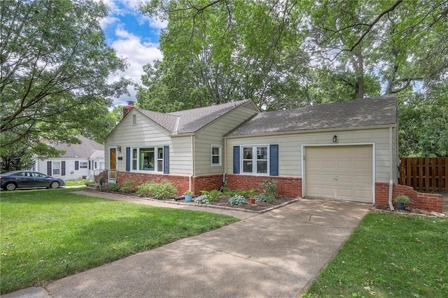 7000 Dearborn St, Overland Park, KS 66204 - ranch-style home with brick siding, an attached garage, driveway, and a chimney