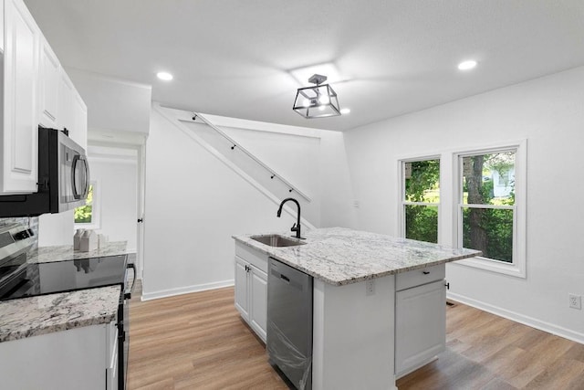 1233 S Pleasant St, Independence, MO 64055 - kitchen with stainless steel appliances, light wood-type flooring, white cabinets, plenty of natural light, and recessed lighting