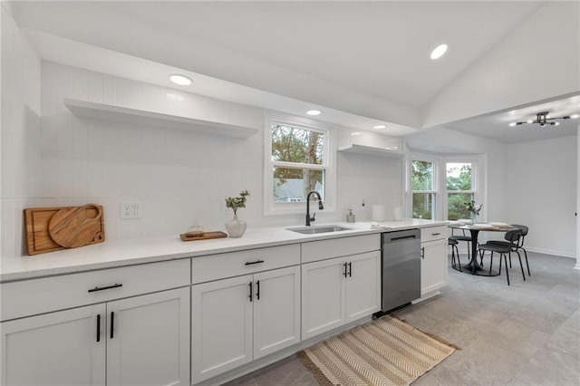 9521 W 60th St, Merriam, KS 66203 - kitchen featuring open shelves, dishwasher, healthy amount of natural light, recessed lighting, and vaulted ceiling