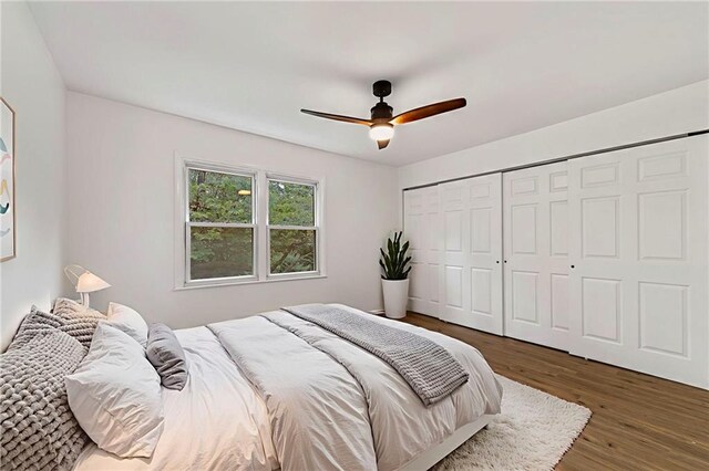9521 W 60th St, Merriam, KS 66203 - bedroom with wood finished floors, a closet, and ceiling fan