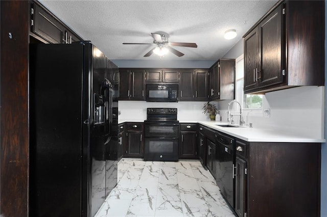 33145 W 88th Ter, De Soto, KS 66018 - kitchen with black appliances, light marble finish flooring, ceiling fan, a textured ceiling, and light countertops