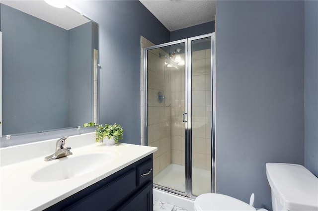 33145 W 88th Ter, De Soto, KS 66018 - bathroom featuring vanity, a shower stall, a textured ceiling, and marble finish flooring