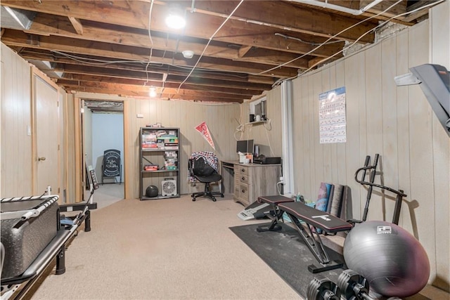 702 Green St, Lees Summit, MO 64063 - exercise room with wood walls and carpet floors