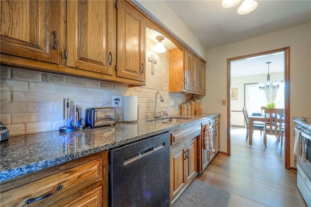 7103 Mastin St, Merriam, KS 66203 - kitchen with dishwashing machine, brown cabinetry, backsplash, dark stone counters, and light wood-style floors