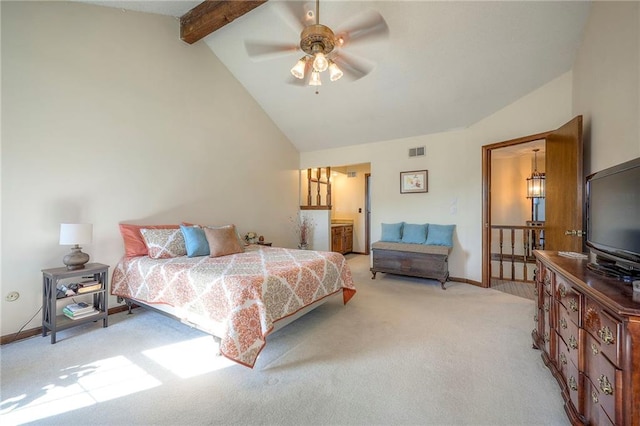 7103 Mastin St, Merriam, KS 66203 - bedroom featuring carpet, beam ceiling, a ceiling fan, ensuite bath, and high vaulted ceiling