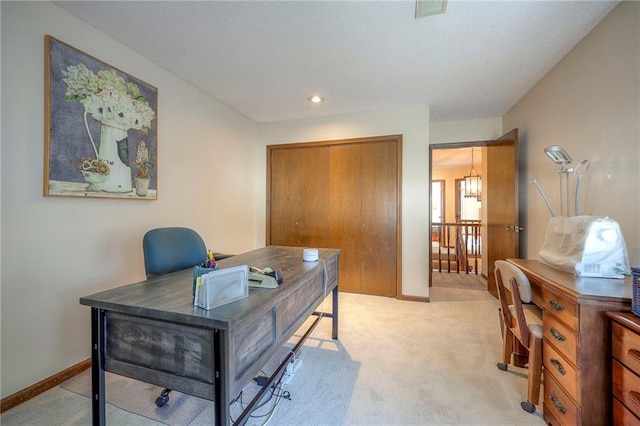 7103 Mastin St, Merriam, KS 66203 - office area featuring light colored carpet, a chandelier, and recessed lighting