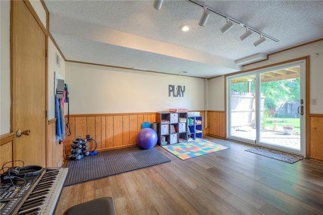 7103 Mastin St, Merriam, KS 66203 - exercise area featuring wainscoting, a textured ceiling, wood finished floors, rail lighting, and wooden walls