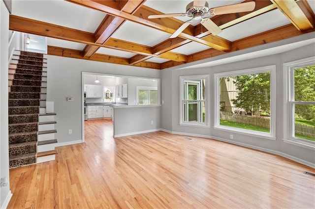 15614 Outlook St, Overland Park, KS 66223 - unfurnished living room with stairs, light wood-style flooring, coffered ceiling, a ceiling fan, and beam ceiling