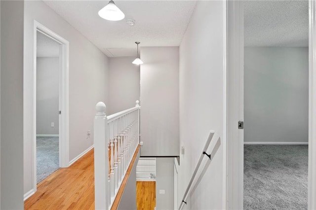 15614 Outlook St, Overland Park, KS 66223 - stairway featuring attic access, carpet, a textured ceiling, and wood finished floors