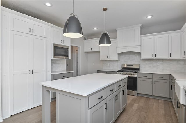 6126 Lewis Dr, Shawnee, KS 66226 - kitchen featuring stainless steel appliances, gray cabinets, wood finished floors, tasteful backsplash, and recessed lighting