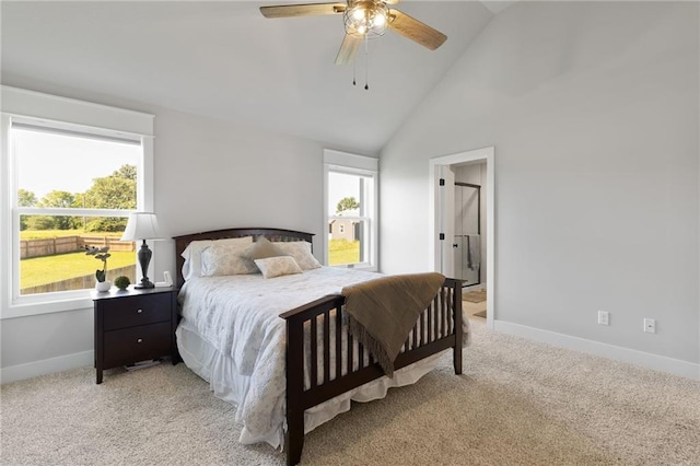 462 SE 90th Rd, Warrensburg, MO 64093 - bedroom featuring light carpet, high vaulted ceiling, and a ceiling fan