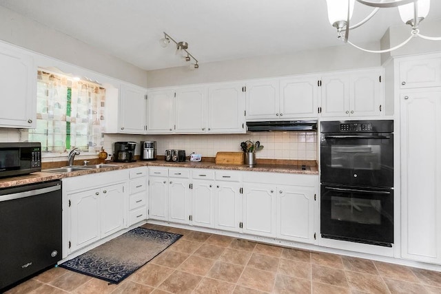 6305 N Bales Ave, Gladstone, MO 64119 - kitchen with black appliances, white cabinets, under cabinet range hood, and decorative backsplash