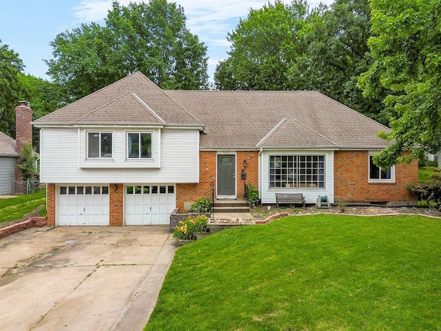6305 N Bales Ave, Gladstone, MO 64119 - tri-level home with brick siding, driveway, a front lawn, an attached garage, and roof with shingles