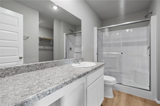 37770 W 207th Ter, Edgerton, KS 66021 - bathroom with a stall shower, vanity, wood finished floors, a spacious closet, and recessed lighting