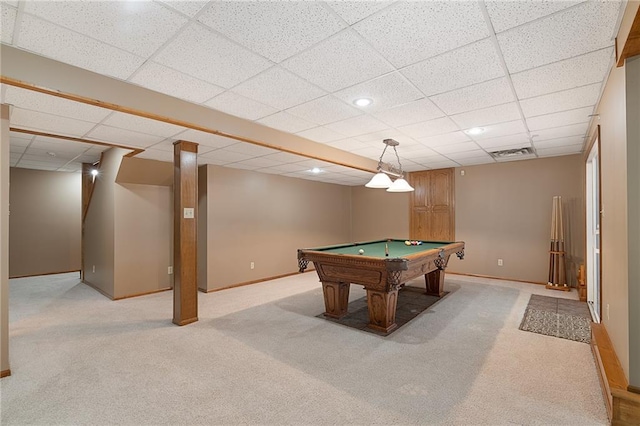 18807 E 34th St, Independence, MO 64057 - recreation room featuring light carpet, a paneled ceiling, billiards, and recessed lighting