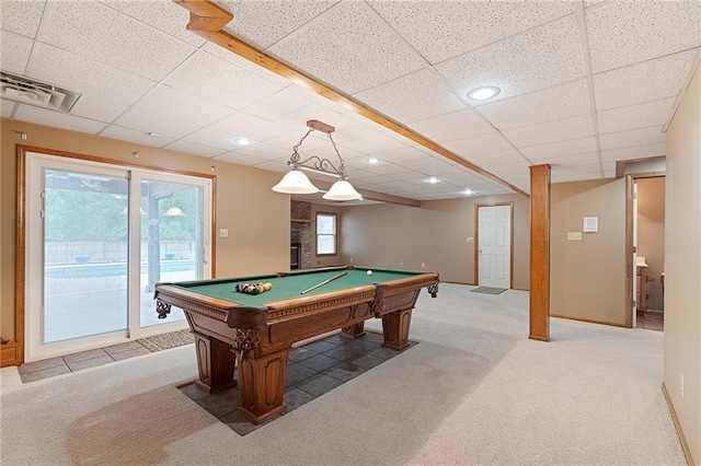 18807 E 34th St, Independence, MO 64057 - playroom with carpet floors, billiards, a paneled ceiling, and recessed lighting