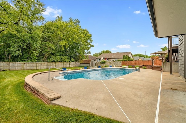 18807 E 34th St, Independence, MO 64057 - view of swimming pool featuring a shed, a patio, and a fenced backyard