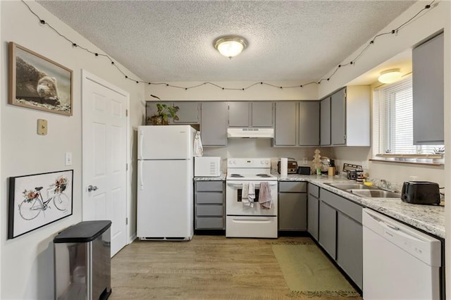 301-A N 3rd St, Odessa, MO 64076 - kitchen featuring white appliances, under cabinet range hood, a textured ceiling, gray cabinets, and light wood-type flooring