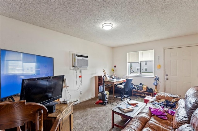 301-A N 3rd St, Odessa, MO 64076 - carpeted living area with a wall unit AC, a textured ceiling, and an office area