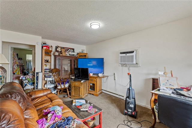 301-A N 3rd St, Odessa, MO 64076 - living area featuring a wall unit AC, carpet flooring, a textured ceiling, and baseboard heating