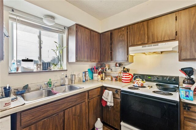 301-A N 3rd St, Odessa, MO 64076 - kitchen with range with electric stovetop, under cabinet range hood, light countertops, and a textured ceiling