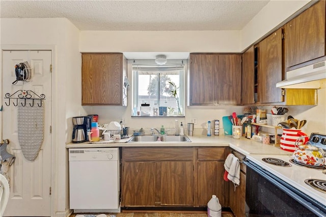 301-A N 3rd St, Odessa, MO 64076 - kitchen with white dishwasher, electric range, under cabinet range hood, light countertops, and brown cabinetry