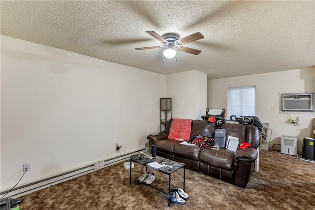 301-A N 3rd St, Odessa, MO 64076 - carpeted living room with a wall mounted air conditioner, a baseboard heating unit, a ceiling fan, and a textured ceiling