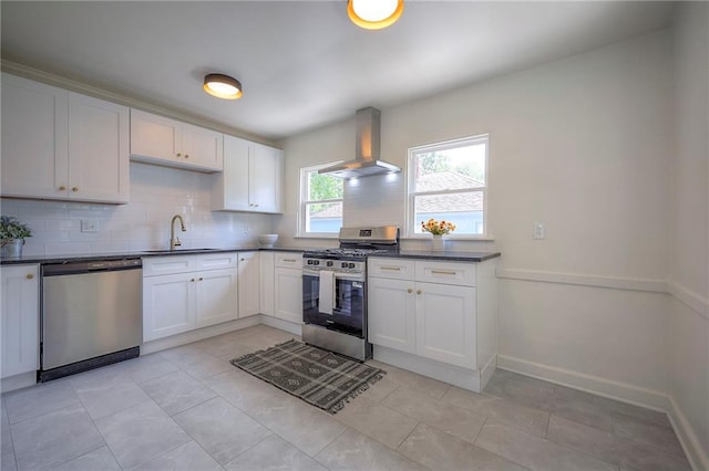 29 S 26th St, Kansas City, KS 66102 - kitchen with appliances with stainless steel finishes, extractor fan, decorative backsplash, dark countertops, and white cabinetry