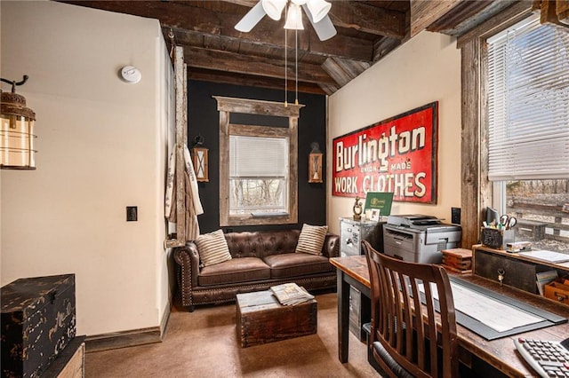 15335 Hh Hwy, Platte City, MO 64079 - home office featuring a ceiling fan, carpet floors, and a wooden ceiling with exposed beams