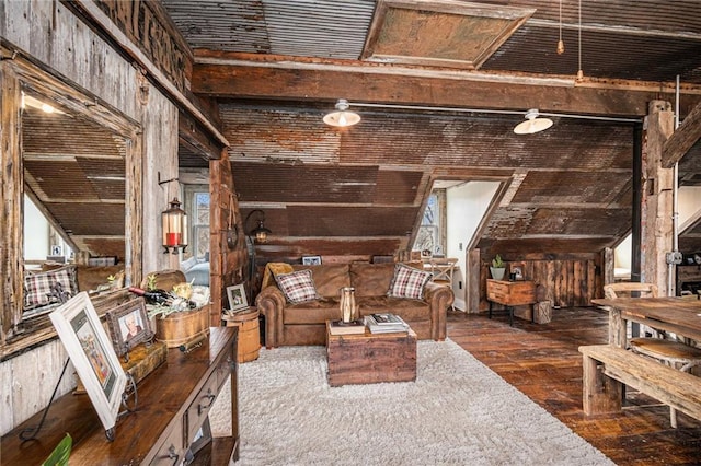 15335 Hh Hwy, Platte City, MO 64079 - living area with hardwood / wood-style flooring, lofted ceiling, wooden walls, and healthy amount of natural light