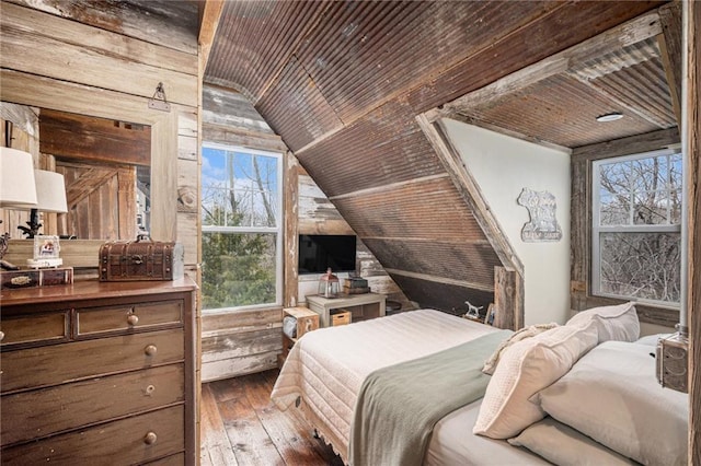 15335 Hh Hwy, Platte City, MO 64079 - bedroom featuring wood ceiling, vaulted ceiling, wood-type flooring, and wooden walls