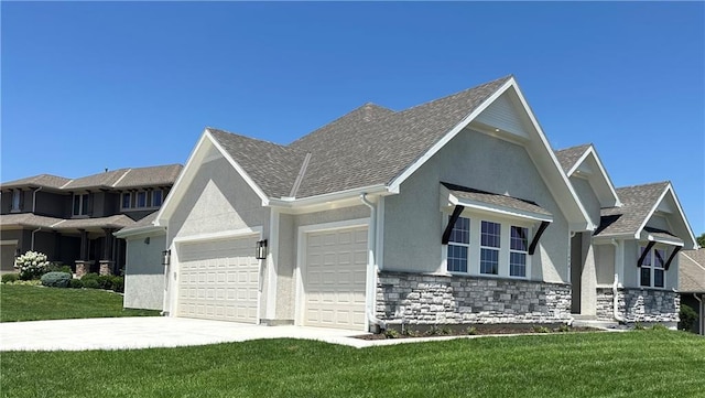 11494 S Longview Rd, Olathe, KS 66061 - view of front facade with an attached garage, stucco siding, stone siding, a front yard, and roof with shingles