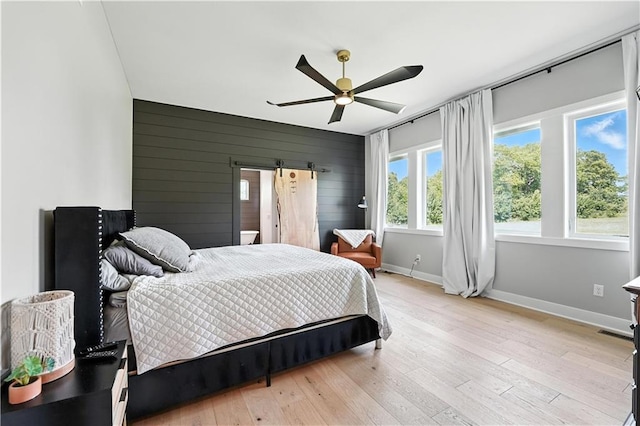 8422 NE 147th St, Liberty, MO 64068 - bedroom featuring multiple windows, hardwood / wood-style floors, a ceiling fan, and wooden walls