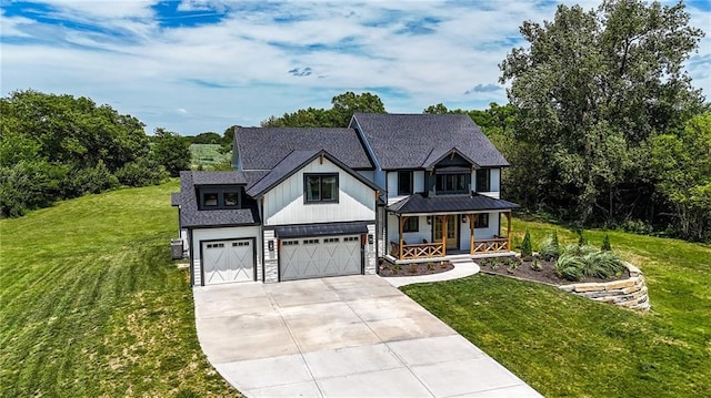 8422 NE 147th St, Liberty, MO 64068 - modern inspired farmhouse with covered porch, concrete driveway, a front lawn, an attached garage, and board and batten siding