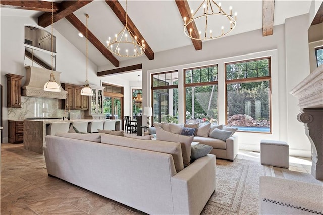 11110 W 146th Ter, Overland Park, KS 66221 - living area featuring a chandelier, high vaulted ceiling, and beamed ceiling