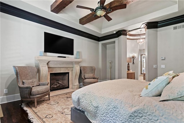 11110 W 146th Ter, Overland Park, KS 66221 - bedroom featuring wood finished floors, a high end fireplace, and a ceiling fan