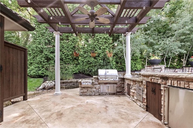 11110 W 146th Ter, Overland Park, KS 66221 - view of patio / terrace with exterior kitchen, a pergola, and ceiling fan