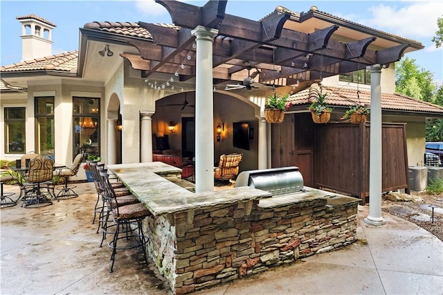11110 W 146th Ter, Overland Park, KS 66221 - view of patio / terrace with exterior kitchen, exterior bar, ceiling fan, and a pergola