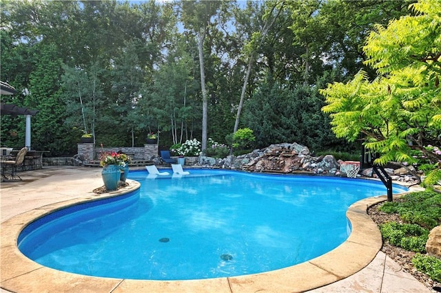 11110 W 146th Ter, Overland Park, KS 66221 - swimming pool with a patio and view of wooded area